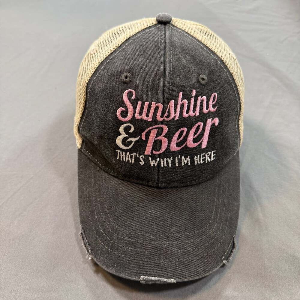 Piper Lou Sunshine & Beer That's Why I'm Here Distressed Trucker Hat